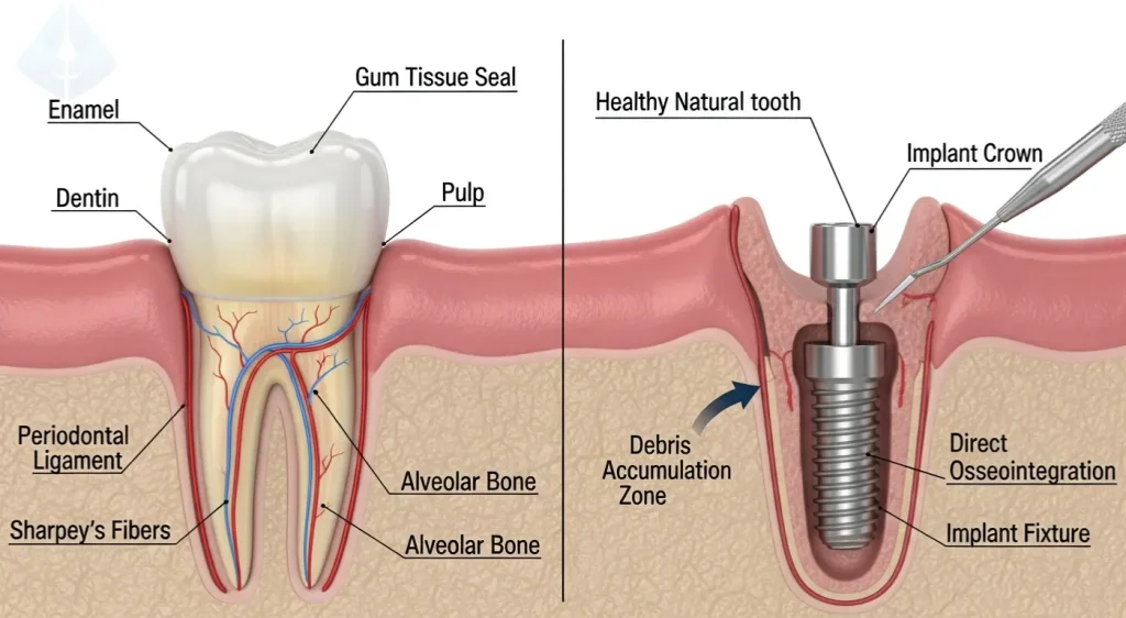 diagram showing why professional dental implant maintenance is needed due to biology