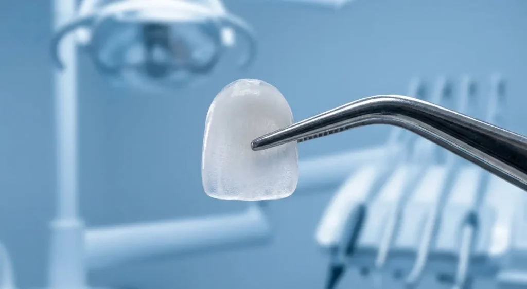 Close up of a porcelain veneer ready for microscopic veneer bonding