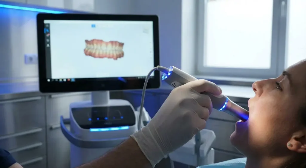 High-tech 3D dental scanner capturing digital impressions for veneers.