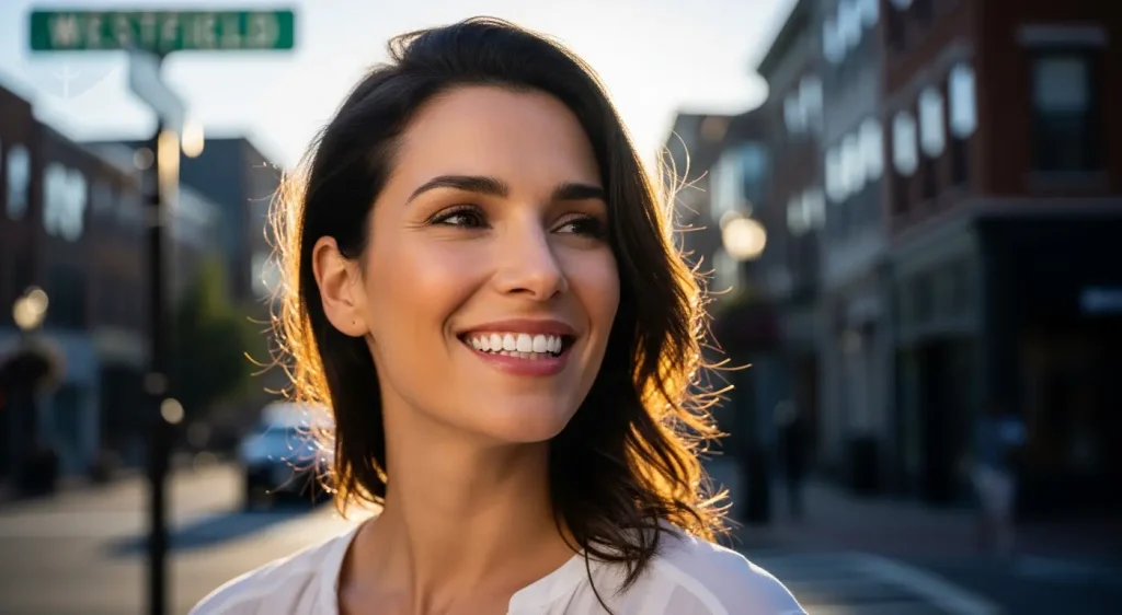 Woman smiling confidently outdoors after a veneer procedure.