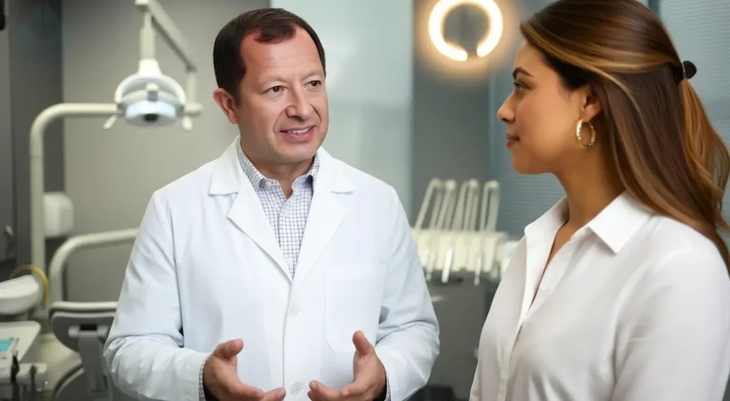 Dr Aristo Carranza discussing the dental implant cost Westfield with a patient