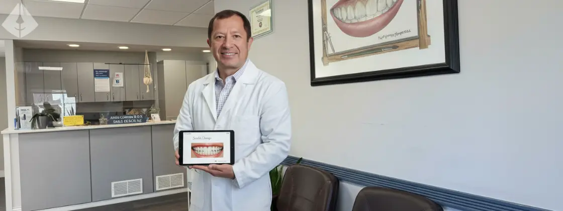 Dr. Aristo Carranza holding a tablet with a digital smile design in his Westfield dental office.