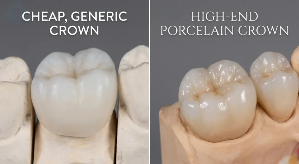 Comparison of cheap crown vs high quality porcelain affecting dental implant cost Westfield