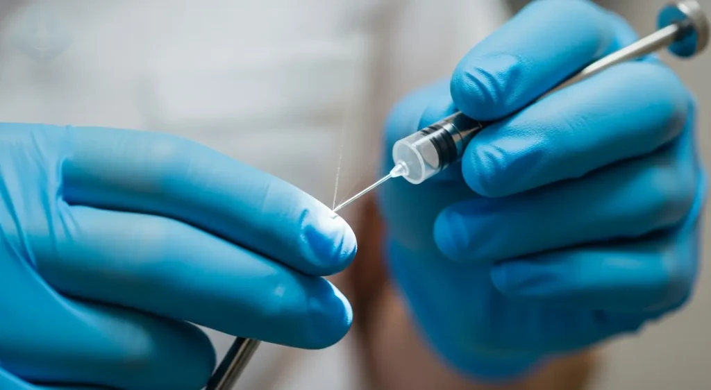 Dentist performing gentle irrigation as part of dry socket treatment